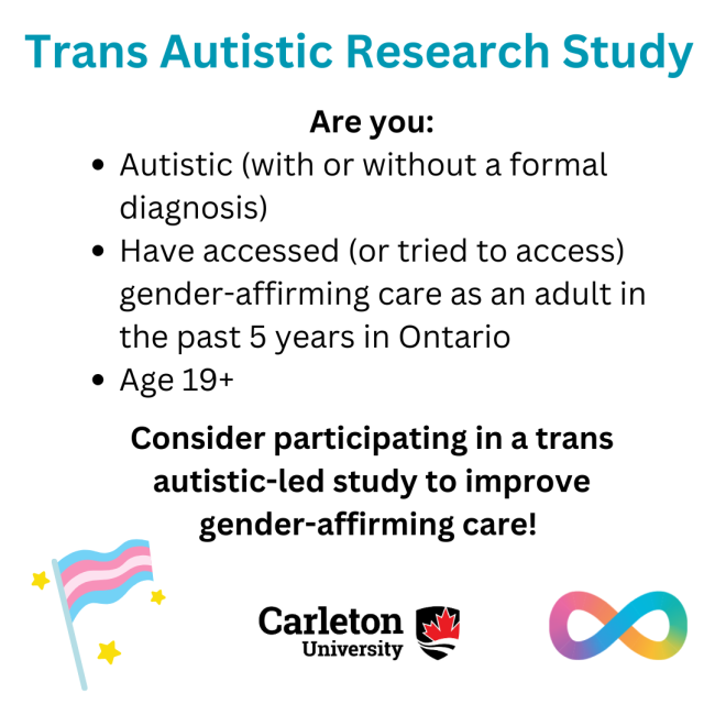 Trans Autistic Research Study. Are you: Autistic (with or without a formal diagnosis), and have accessed (or tried to access) gender-affirming care as an adult in the past 5 years in Ontario, and are age 19 or older? Consider participating in a trans autistic-led study to improve gender-affirming care! Trans flag image. Rainbow neurodiversity infinity symbol. Carleton University Logo.