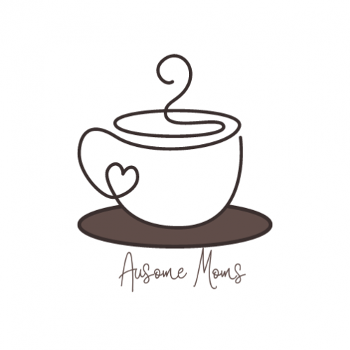 Line drawing of a coffee cup with a heart and the word Ausome Moms