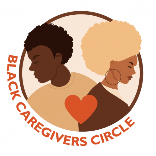 Logo for the Black Caregivers Circle featuring a black man and woman in a circle with a red heart and the words Black Caregivers Circle around the outside