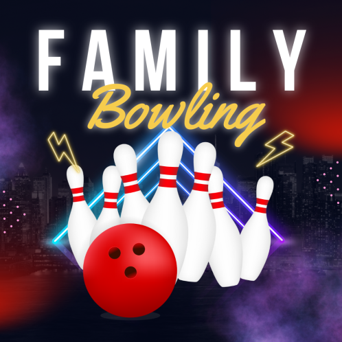 cartoon drawing of bowling ball and pins with the words "Family bowling" on top