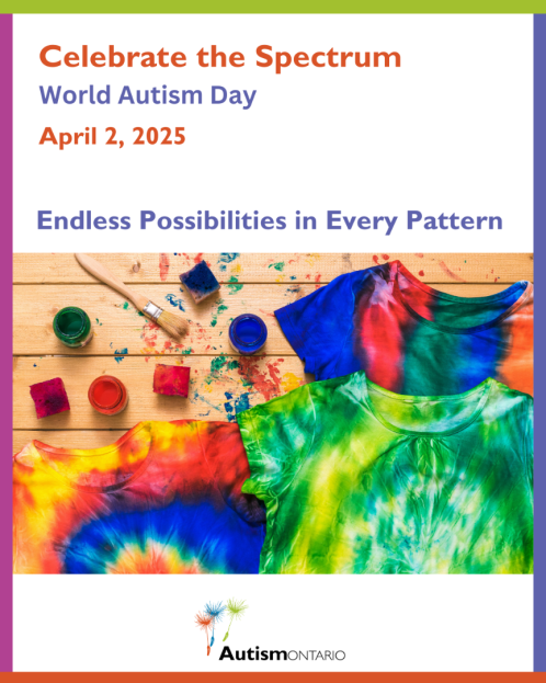 3 Tie-Dye shirts on a table with dye with Autism Ontario logo underneath