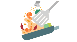 Pan with food being tossed and stirred with a spatula.