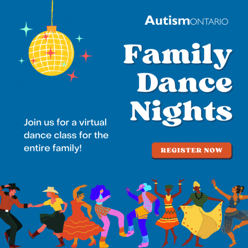 Blue background with a yellow disco ball and several people dancing a variety of dance styles with the words Family Dance Nights