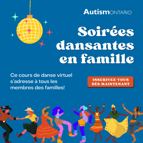 Fond bleu avec une boule disco jaune et plusieurs personnes exécutant divers styles de danse, avec les mots Family Dance Nights