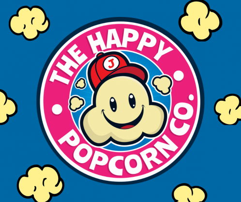Le logo de la Happy Popcorn Co. Un grain de maïs soufflé souriant avec une casquette rouge, entouré des mots The Happy Popcorn Co. Un fond bleu avec de petits grains de maïs soufflé.