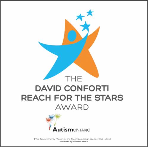 Logo for The David Conforti Reach for the Stars Award with a blue and orange star and the Autism Ontario logo below