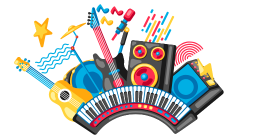 Keyboard with instruments behind.