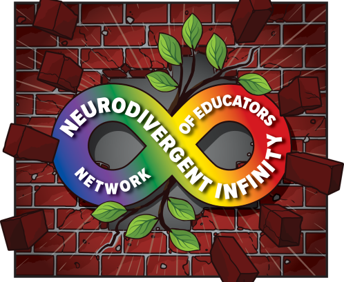 mage description: The NINE logo is a rainbow infinity symbol crashing through a red brick wall. A vine with 9 leaves emerges through the opening which is created. Text on the infinity symbol reads:  ‘Neurodivergent Infinity Network Of Educators’
