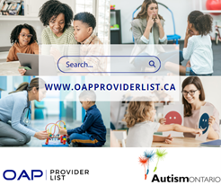 Four images of caregivers working with children with a translucent text box overtop with a search bar and the web address www.oapproviderlist.com