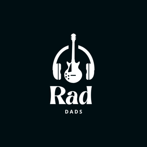 Black background with a guitar and headphones and the word Rad Dads