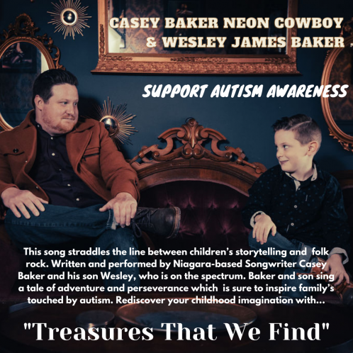 Photo of Casey Baker Neon Cowboy and his son, Wesley Baker, looking at each other with the words Treasures That We Find and Support Autism Awareness overtop