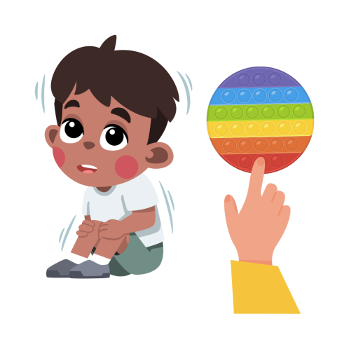 A young boy rocking and a hand touching a fidget toy