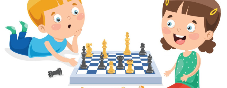 A cartoon drawing of two kids playing chess.