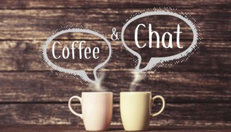 Dark brown background with two coffee cups with chat bubbles saying Coffee and Chat
