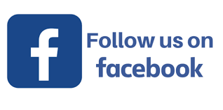 A blue Facebook icon with the words Follow us on Facebook to the right