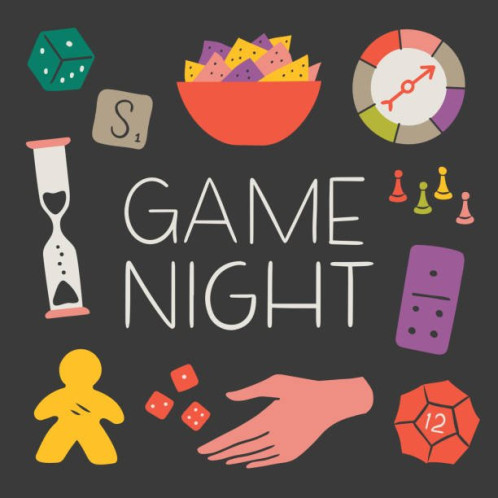 Game night in white text in the centre with graphics of various games surrounding it (dice, dominos, scrabble)