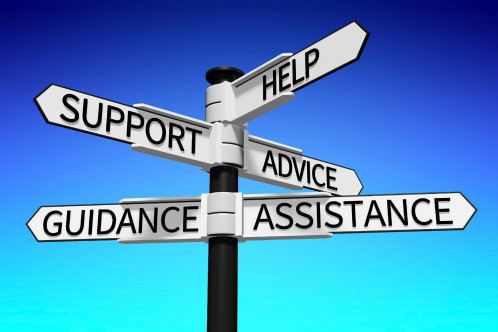 Blue background with a sign pointing in multiple directions titled 'support', 'help', 'advice', 'guidance', and 'assistance'