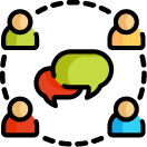 A vector image of four avatars in a circle connected by a dotted line surrounding two chat bubbles