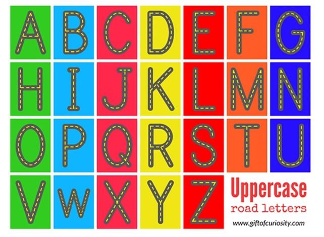 Alphabet letters arranged in rows in different colours
