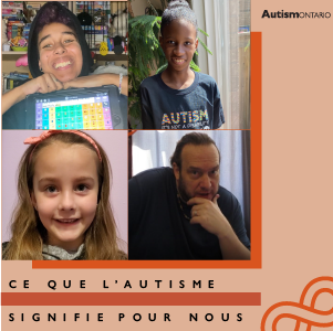 A collage of four photos of autistic people who are in the video, on an orange background with an infinity symbol in the corner