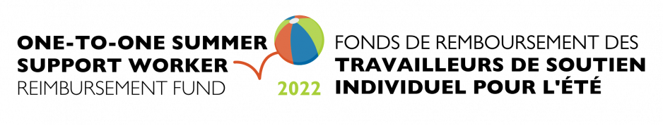 Logo for One-to-One Summer Support Worker Reimbursement Fund 2022 with a blue, green, and red bouncing beach ball.