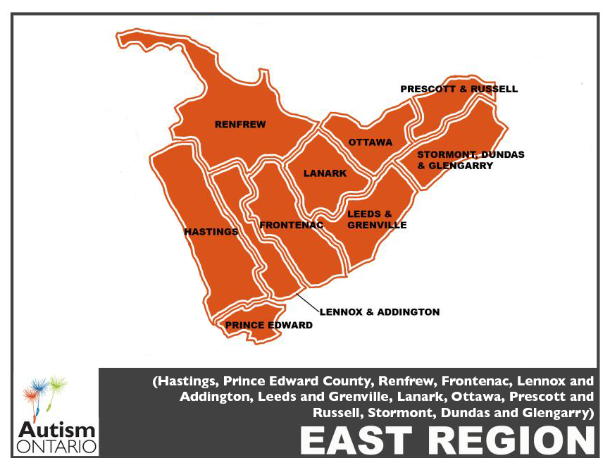 Image of map with cities located in Eastern Ontario