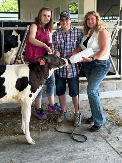 Three individuals, including a young man and woman, bottle-feeding a calf together in a dairy barn, showcasing hands-on animal care and inclusive farm experiences.