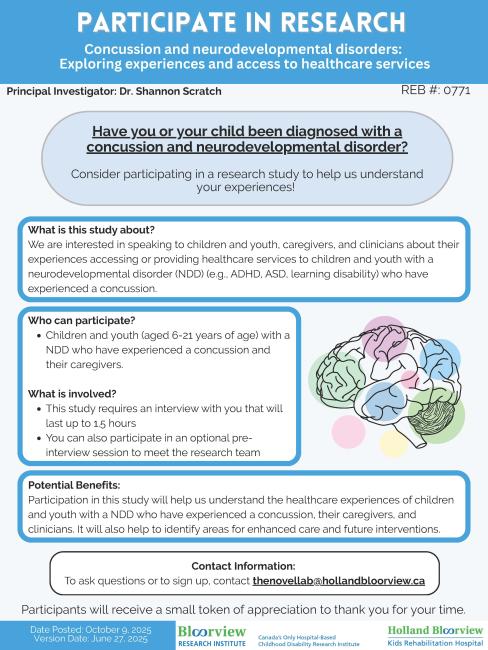 Recruitment flyer for study on concussions for children & youth with NDDs