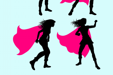 Vector graphic of a woman in silhouette wearing a red cape striking four superhero poses