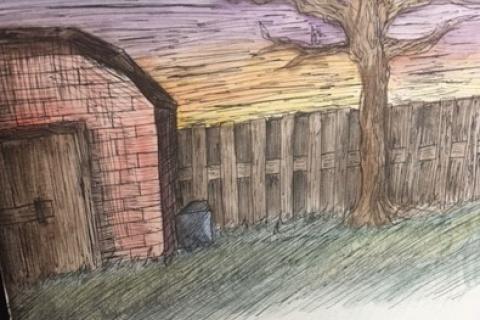 Drawing of a grassy backyard with a shed and a tree against a wooden fence. The sky is coloured with blue and orange indicating sunset.  