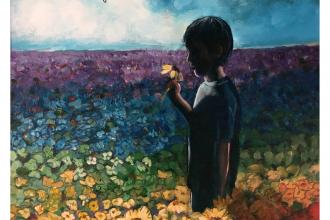 a painting of a boy in shadow holding a yellow flower in a rainbow flowery field.
